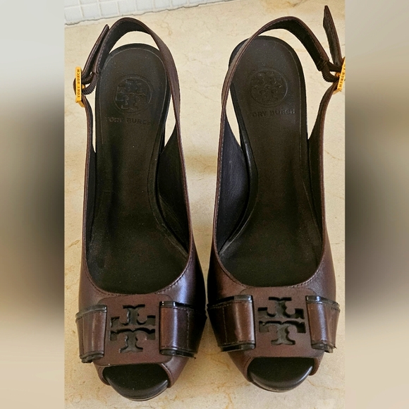 Tory Burch Brown Leather Slingback Peep Toe Heels - Picture 1 of 3